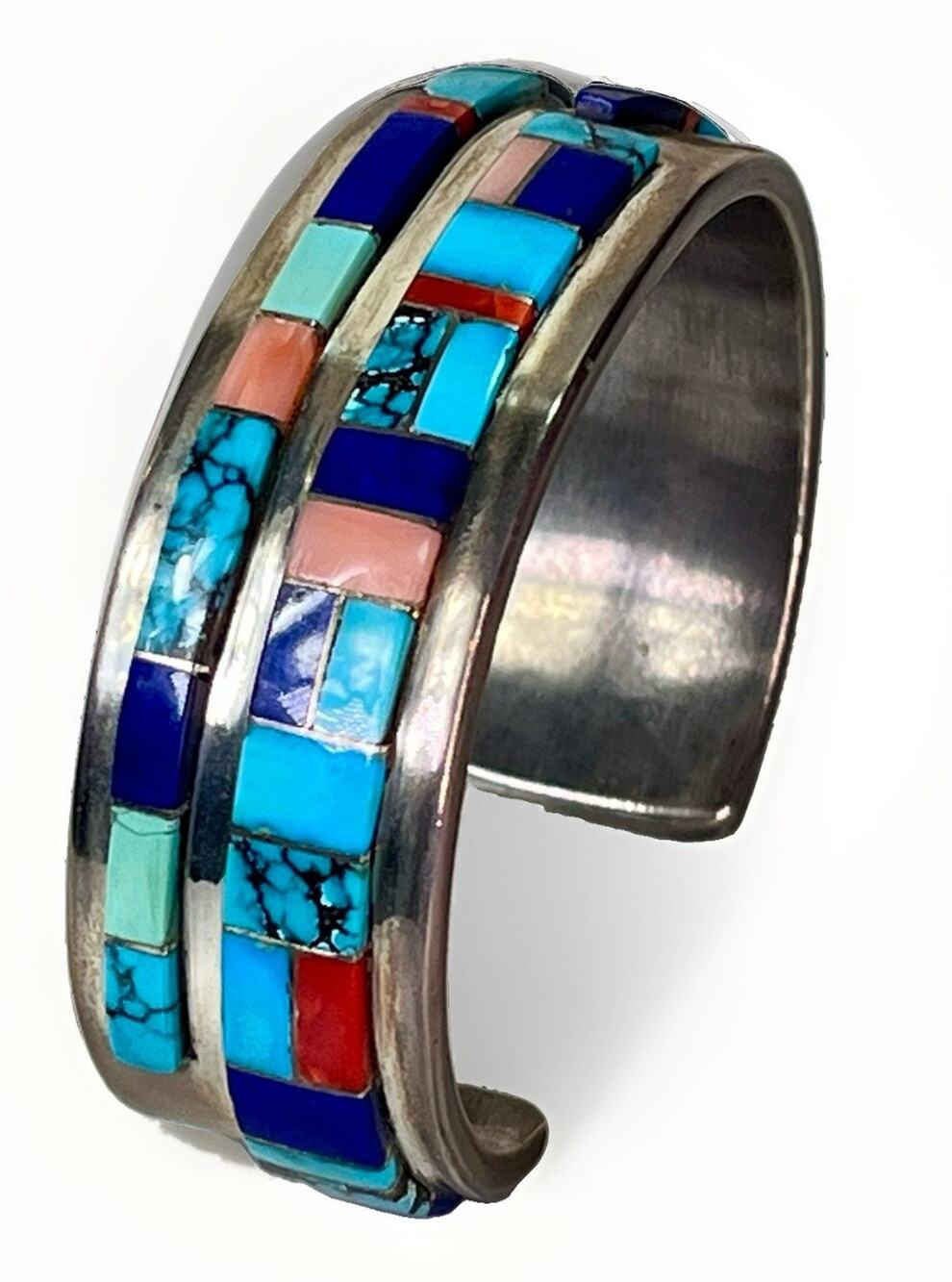 NAVAJO Sterling Silver Multicolor Inlay Statement Cuff 69.4g Signed Sheila Tso